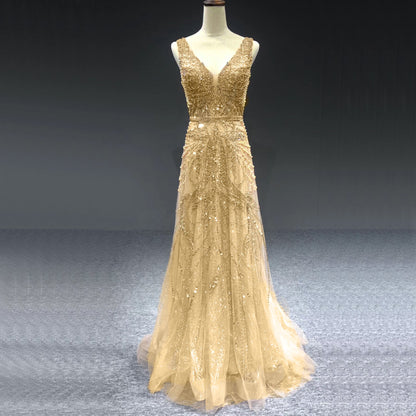 On Sale no return no refund Gold A-Line V-Neck Luxury Sexy Evening Dresses 2025 Pearls Crystal Long Sleeves Fromal Gown Serene Hill LA70287L - SERENE HILL