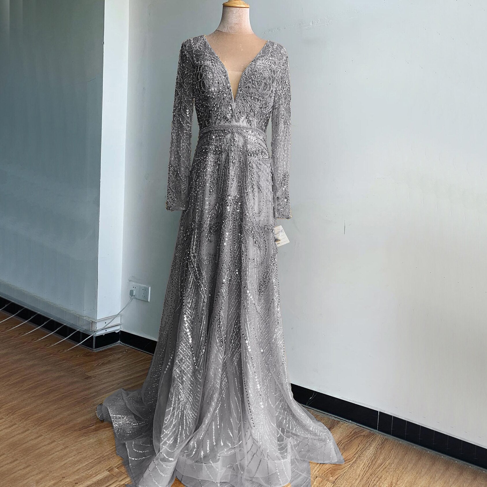 On Sale no return no refund Gold A-Line V-Neck Luxury Sexy Evening Dresses 2025 Pearls Crystal Long Sleeves Fromal Gown Serene Hill LA70287L - SERENE HILL