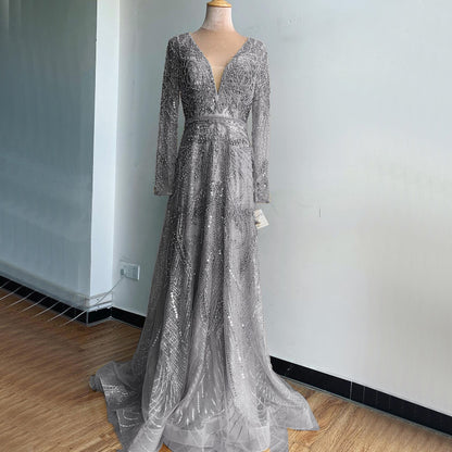 On Sale no return no refund Gold A-Line V-Neck Luxury Sexy Evening Dresses 2025 Pearls Crystal Long Sleeves Fromal Gown Serene Hill LA70287L - SERENE HILL