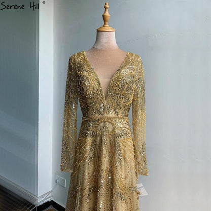 On Sale no return no refund Gold A-Line V-Neck Luxury Sexy Evening Dresses 2025 Pearls Crystal Long Sleeves Fromal Gown Serene Hill LA70287L - SERENE HILL