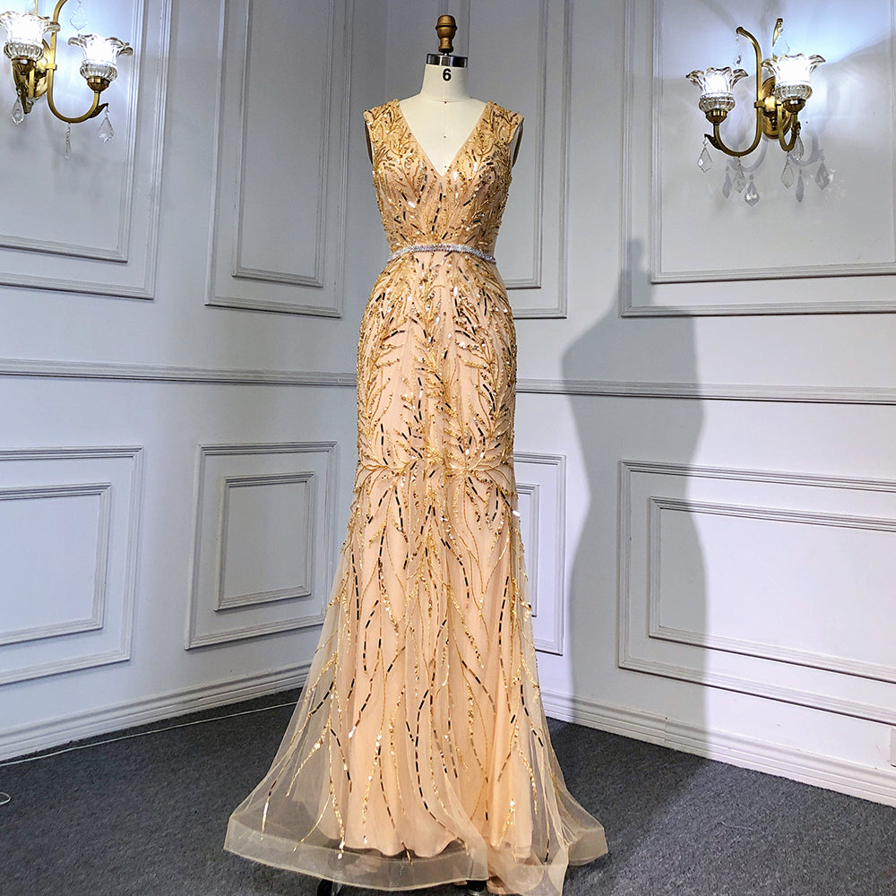 Gold Arabic Cape Sleeves Beaded Evening Dresses Gowns 2025 Mermaid Elegant Luxury For Women Party Serene Hill LA71496 - SERENE HILL