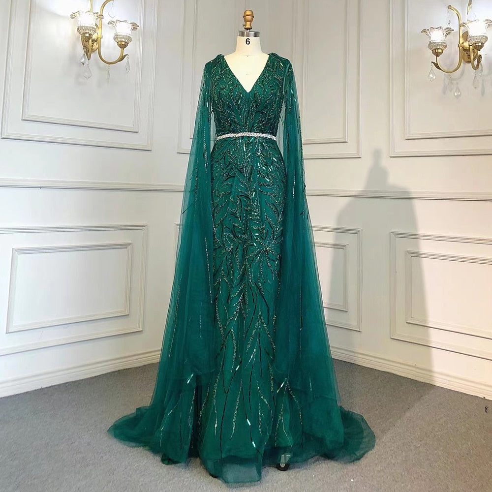 Gold Arabic Cape Sleeves Beaded Evening Dresses Gowns 2025 Mermaid Elegant Luxury For Women Party Serene Hill LA71496 - SERENE HILL