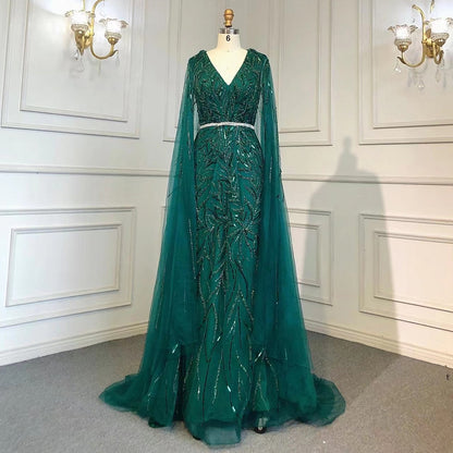 Gold Arabic Cape Sleeves Beaded Evening Dresses Gowns 2025 Mermaid Elegant Luxury For Women Party Serene Hill LA71496 - SERENE HILL
