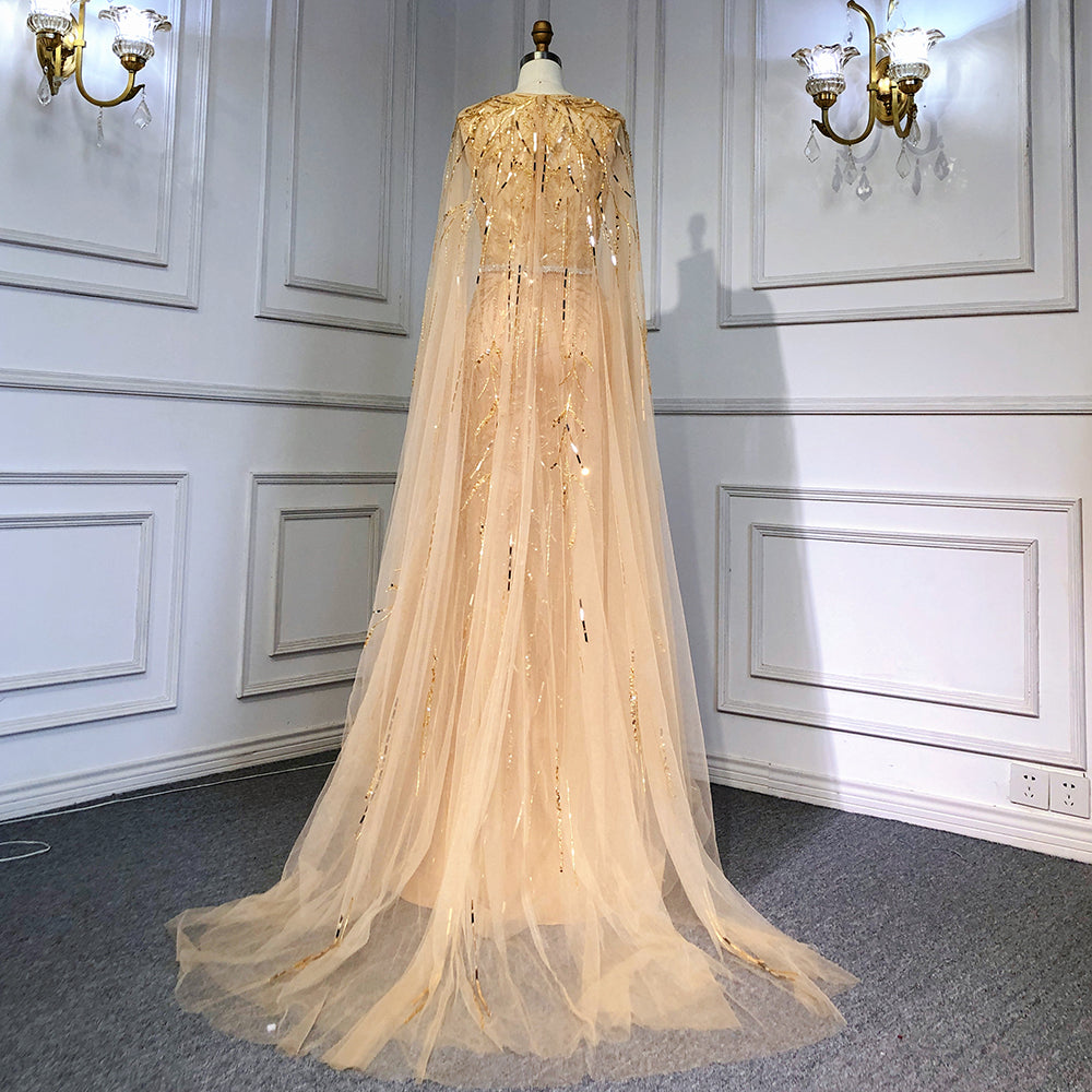 Gold Arabic Cape Sleeves Beaded Evening Dresses Gowns 2025 Mermaid Elegant Luxury For Women Party Serene Hill LA71496 - SERENE HILL