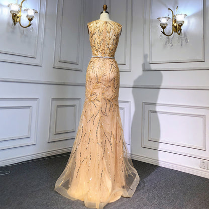 Gold Arabic Cape Sleeves Beaded Evening Dresses Gowns 2025 Mermaid Elegant Luxury For Women Party Serene Hill LA71496 - SERENE HILL