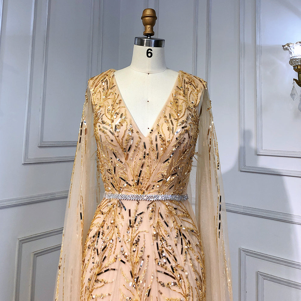 Gold Arabic Cape Sleeves Beaded Evening Dresses Gowns 2025 Mermaid SERENE HILL Gold Arabic Cape Sleeves Beaded Evening Dresses Gowns 2025 Mermaid SERENE HILL