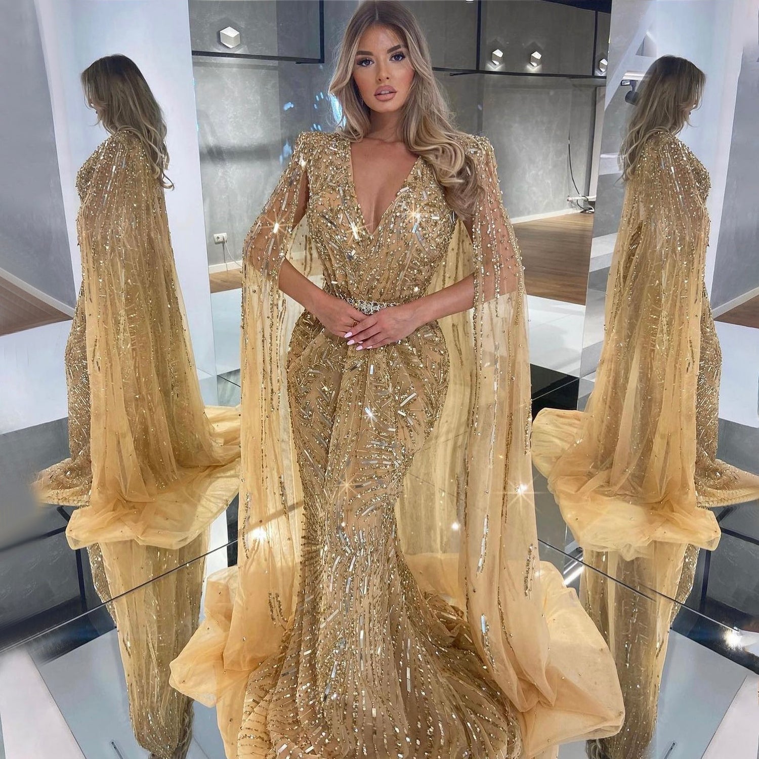 Gold Arabic Cape Sleeves Beaded Evening Dresses Gowns 2025 Mermaid Elegant Luxury For Women Party Serene Hill LA71496 - SERENE HILL