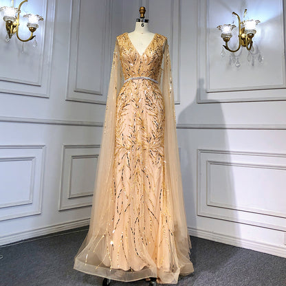 Gold Arabic Cape Sleeves Beaded Evening Dresses Gowns 2025 Mermaid Elegant Luxury For Women Party Serene Hill LA71496 - SERENE HILL
