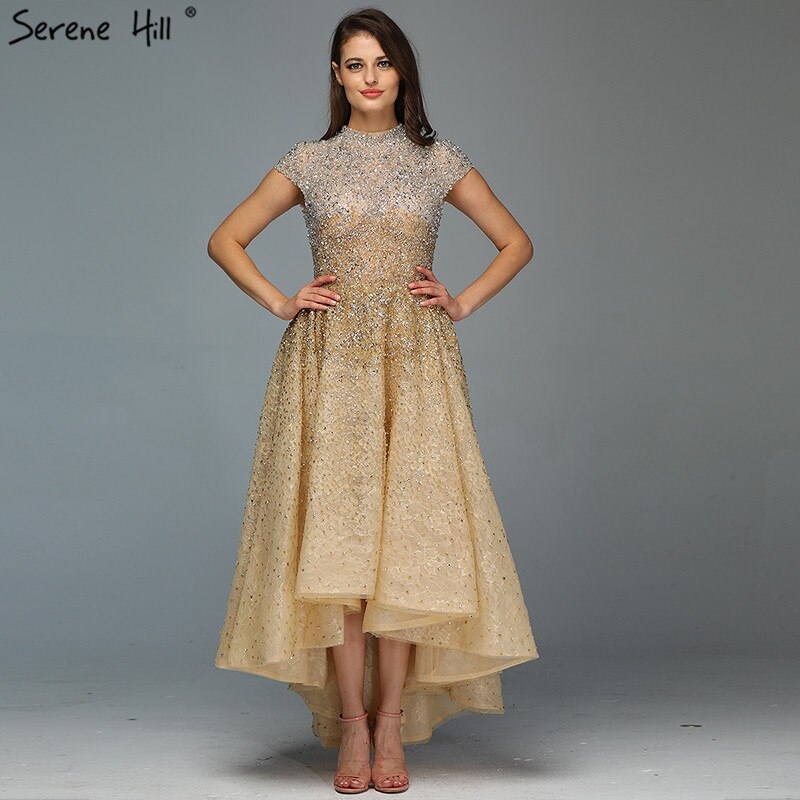 Gold High Neck Luxury Asymmetrical Evening Dresses 2025 Beading Sequined Sleeveless Evening Gowns Serene Hill LA60757 - SERENE HILL