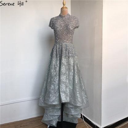 Gold High Neck Luxury Asymmetrical Evening Dresses 2025 Beading Sequined Sleeveless Evening Gowns Serene Hill LA60757 - SERENE HILL