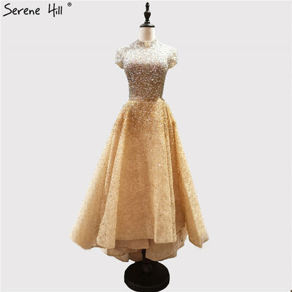 Gold High Neck Luxury Asymmetrical Evening Dresses 2025 Beading Sequined Sleeveless Evening Gowns Serene Hill LA60757 - SERENE HILL