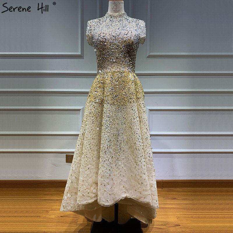 Gold High Neck Luxury Asymmetrical Evening Dresses 2025 Beading Sequined Sleeveless Evening Gowns Serene Hill LA60757 - SERENE HILL