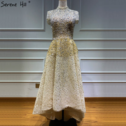 Gold High Neck Luxury Asymmetrical Evening Dresses 2025 Beading Sequined Sleeveless Evening Gowns Serene Hill LA60757 - SERENE HILL