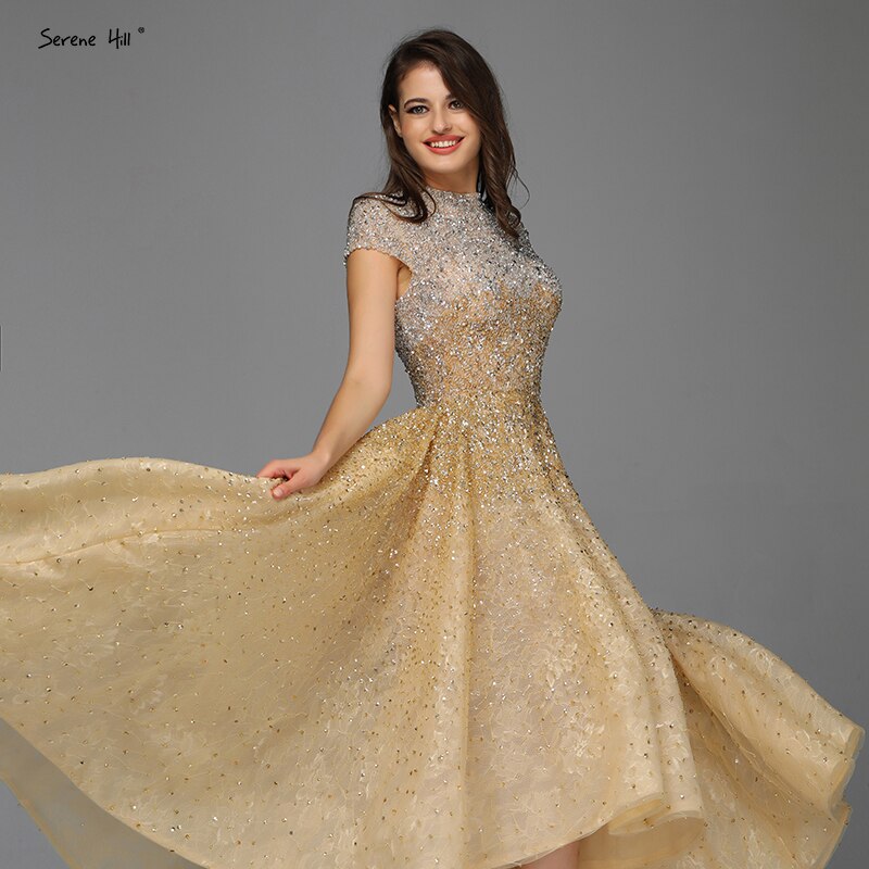 Gold High Neck Luxury Asymmetrical Evening Dresses 2025 Beading Sequined Sleeveless Evening Gowns Serene Hill LA60757 - SERENE HILL