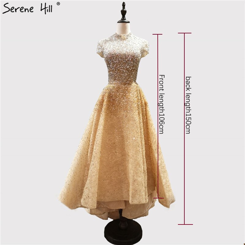 Gold High Neck Luxury Asymmetrical Evening Dresses 2025 Beading Sequined Sleeveless Evening Gowns Serene Hill LA60757 - SERENE HILL