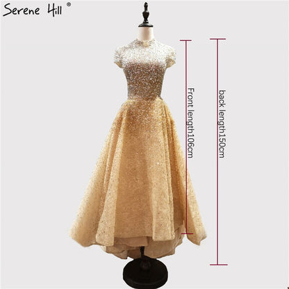 Gold High Neck Luxury Asymmetrical Evening Dresses 2025 Beading Sequined Sleeveless Evening Gowns Serene Hill LA60757 - SERENE HILL