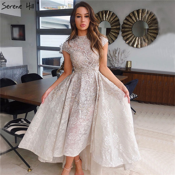 Gold High Neck Luxury Asymmetrical Evening Dresses 2025 Cap Sleeve Lace Beading Evening Gowns Serene Hill LA70227