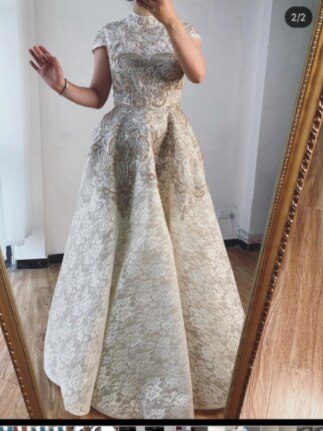 Gold High Neck Luxury Asymmetrical Evening Dresses 2025 Cap Sleeve Lace Beading Evening Gowns Serene Hill LA70227 - SERENE HILL