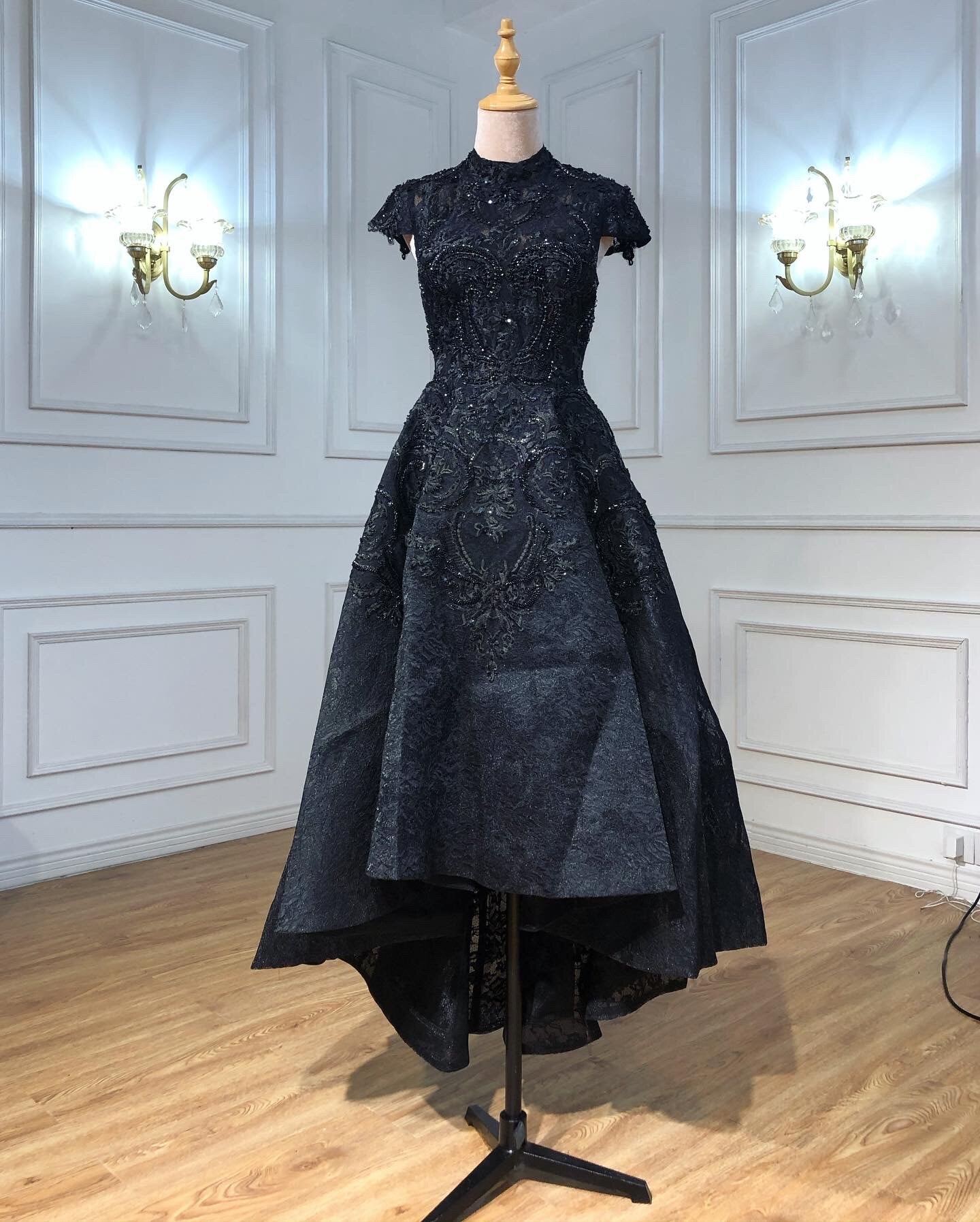Gold High Neck Luxury Asymmetrical Evening Dresses 2025 Cap Sleeve Lace Beading Evening Gowns Serene Hill LA70227 - SERENE HILL
