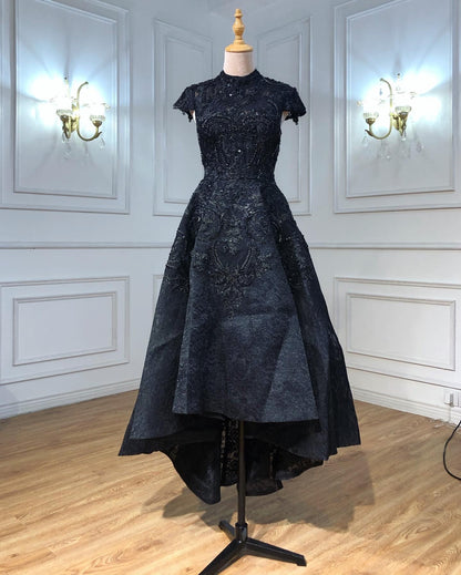 Gold High Neck Luxury Asymmetrical Evening Dresses 2025 Cap Sleeve Lace Beading Evening Gowns Serene Hill LA70227 - SERENE HILL