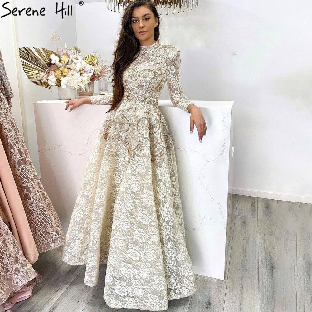 Gold High Neck Luxury Asymmetrical Evening Dresses 2025 Cap Sleeve Lace Beading Evening Gowns Serene Hill LA70227 - SERENE HILL