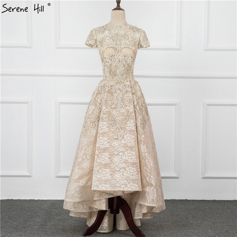 Gold High Neck Luxury Asymmetrical Evening Dresses 2025 Cap Sleeve Lace Beading Evening Gowns Serene Hill LA70227 - SERENE HILL