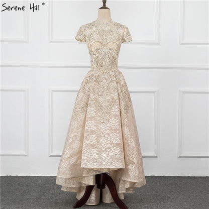 Gold High Neck Luxury Asymmetrical Evening Dresses 2025 Cap Sleeve Lace Beading Evening Gowns Serene Hill LA70227 - SERENE HILL