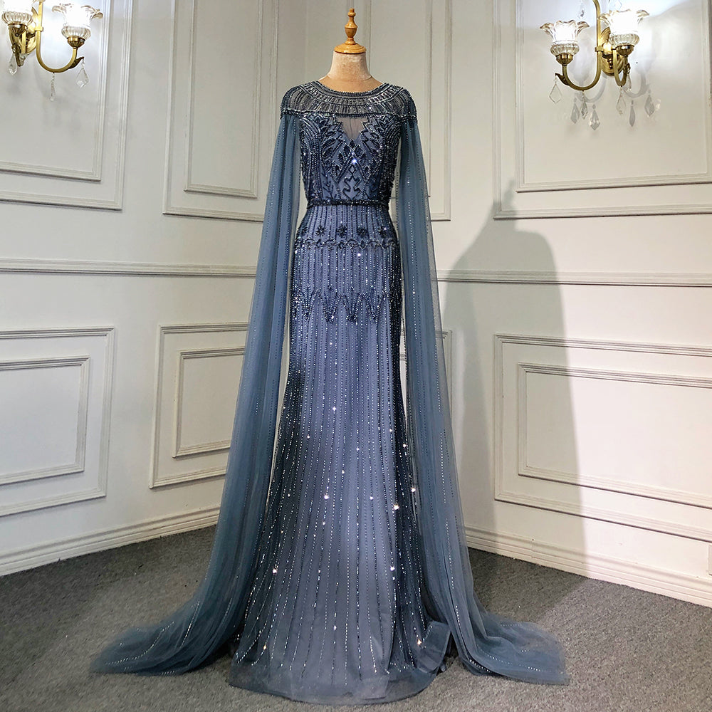Gold Luxury Arabic Cape Sleeves Evening Dresses Gowns 2025 Beaded Mermaid For Women Party Serene Hill LA71620 - SERENE HILL