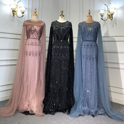 Gold Luxury Arabic Cape Sleeves Evening Dresses Gowns 2025 Beaded Mermaid For Women Party Serene Hill LA71620 - SERENE HILL
