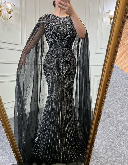 Gold Luxury Arabic Cape Sleeves Evening Dresses Gowns 2025 Beaded Mermaid For Women Party Serene Hill LA71620 - SERENE HILL