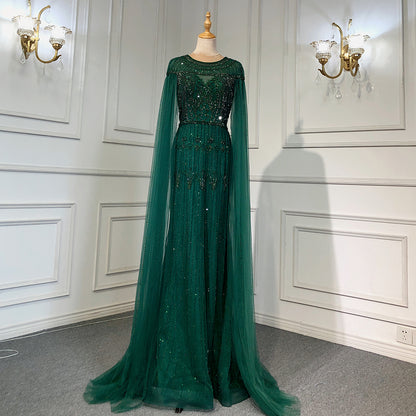 Gold Luxury Arabic Cape Sleeves Evening Dresses Gowns 2025 Beaded Mermaid For Women Party Serene Hill LA71620 - SERENE HILL