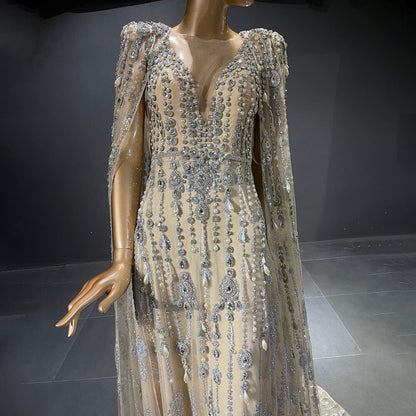 Gold Luxury Cape Sleeve Evening Dresses Gowns 2025 Beaded A-Line High-end For Women Party Serene Hill LA71463A - SERENE HILL