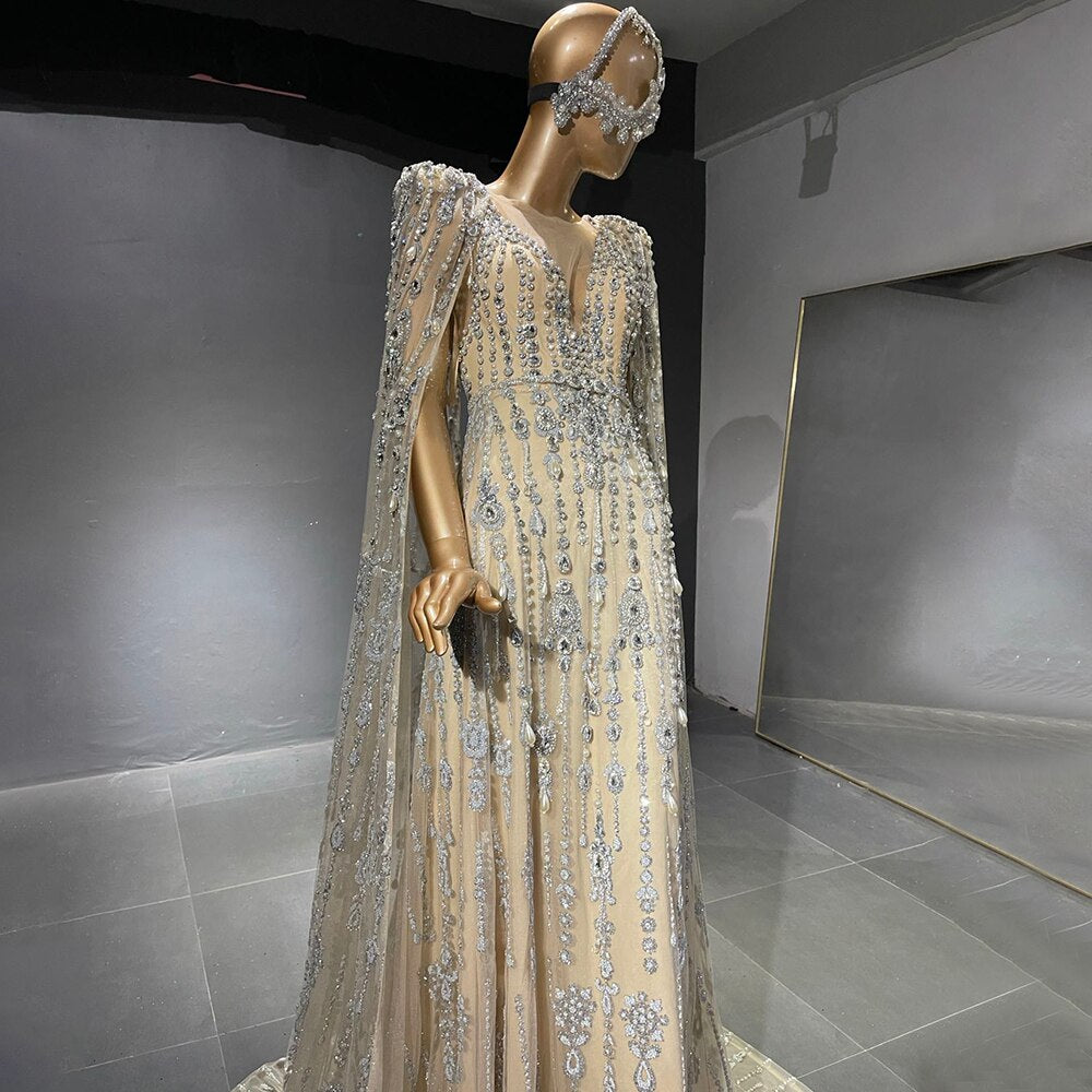 Gold Luxury Cape Sleeve Evening Dresses Gowns 2025 Beaded A-Line High-end For Women Party Serene Hill LA71463A - SERENE HILL