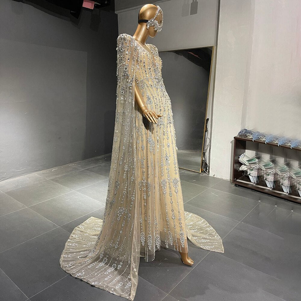 Gold Luxury Cape Sleeve Evening Dresses Gowns 2025 Beaded A-Line High-end For Women Party Serene Hill LA71463A - SERENE HILL