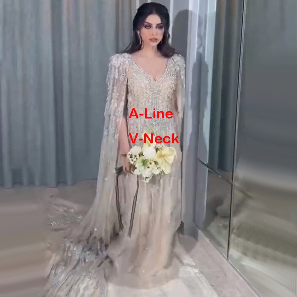 Gold Luxury Cape Sleeve Evening Dresses Gowns 2025 Beaded A-Line High-end For Women Party Serene Hill LA71463A - SERENE HILL