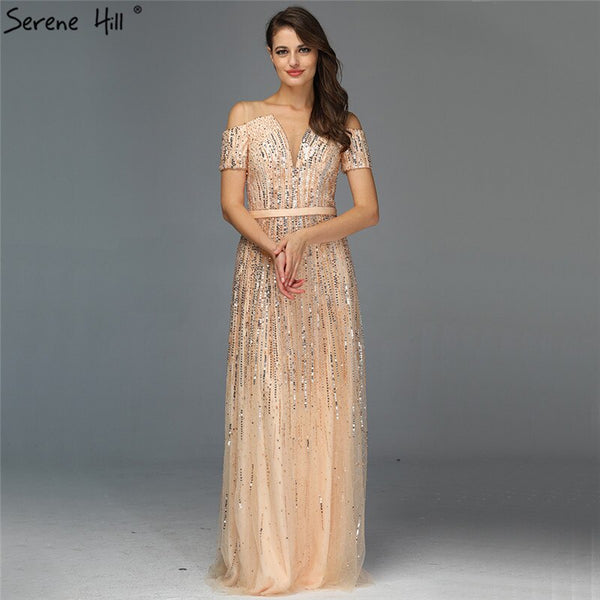 Sale Gold Luxury Sexy V-Neck Evening Dressese 2025 Short Sleeve Beading Sequined A-Line Evening Gowns Serene Hill LA70151