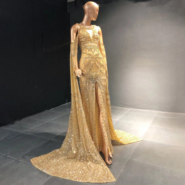 Gold Mermaid Elegant High Split Evening Dresses Gowns 2025 Beaded Luxury Cape Sleeve For Women Party Serene Hill LA71503