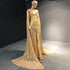 Gold Mermaid Elegant High Split Evening Dresses Gowns 2025 Beaded Luxury Cape Sleeve For Women Party Serene Hill LA71503 - SERENE HILL