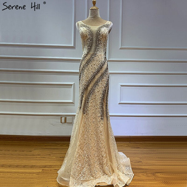 On Sale No Return No Refund Sale Gold O-Neck Luxury Dubai Design Evening Dresses 2025 Lace Pearls Crystal Mermaid Formal Dress Serene Hill LA60897