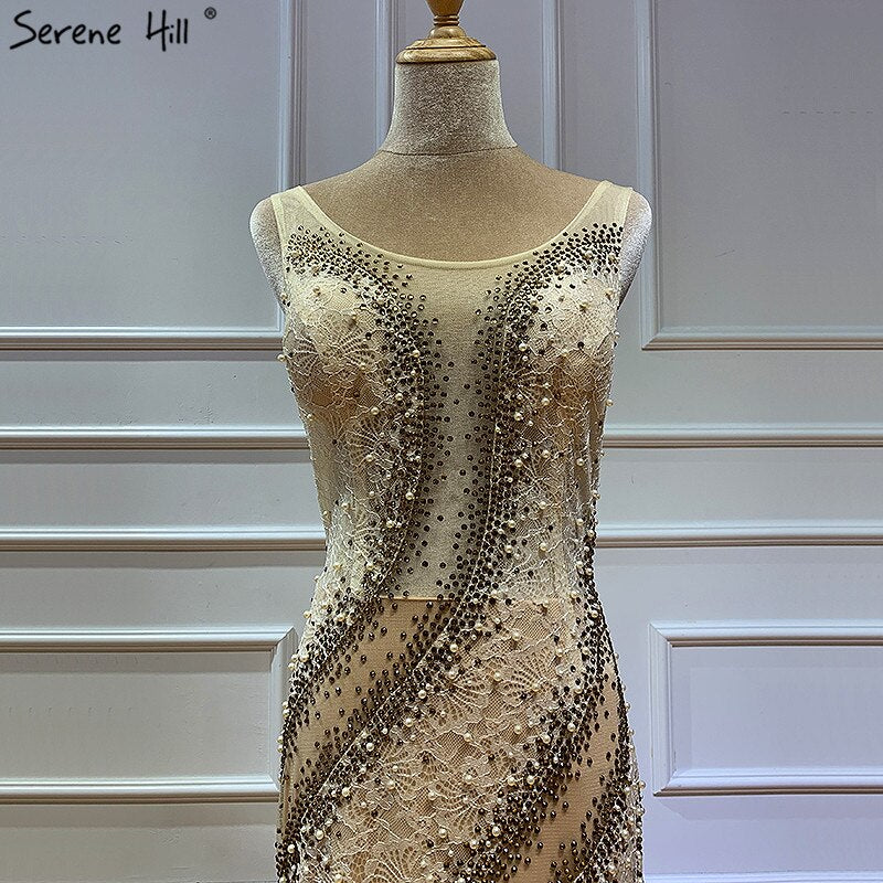 On Sale No Return No Refund Sale Gold O-Neck Luxury Dubai Design Evening Dresses 2025 Lace Pearls Crystal Mermaid Formal Dress Serene Hill LA60897 - SERENE HILL