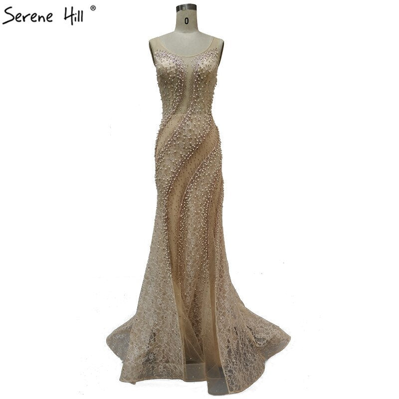 On Sale No Return No Refund Sale Gold O-Neck Luxury Dubai Design Evening Dresses 2025 Lace Pearls Crystal Mermaid Formal Dress Serene Hill LA60897 - SERENE HILL
