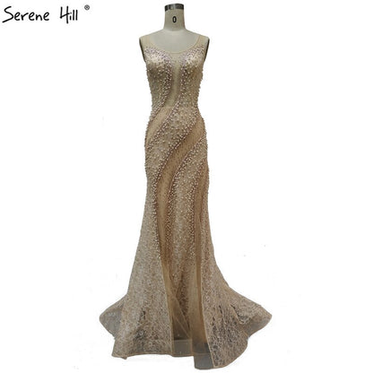 On Sale No Return No Refund Sale Gold O-Neck Luxury Dubai Design Evening Dresses 2025 Lace Pearls Crystal Mermaid Formal Dress Serene Hill LA60897 - SERENE HILL