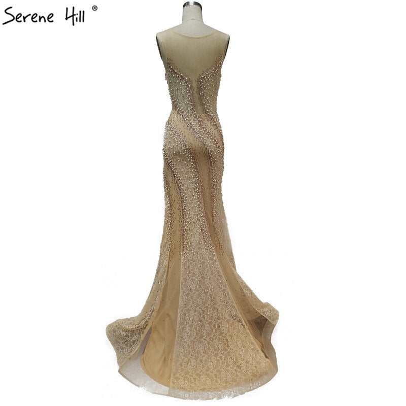 On Sale No Return No Refund Sale Gold O-Neck Luxury Dubai Design Evening Dresses 2025 Lace Pearls Crystal Mermaid Formal Dress Serene Hill LA60897 - SERENE HILL