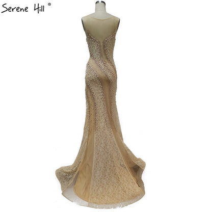 On Sale No Return No Refund Sale Gold O-Neck Luxury Dubai Design Evening Dresses 2025 Lace Pearls Crystal Mermaid Formal Dress Serene Hill LA60897 - SERENE HILL