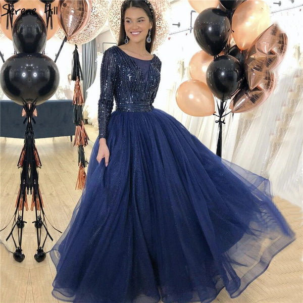 Gold O-Neck Sequins Beading A-Line Evening Dresses Design 2025 Long Sleeves Lace Up Formal Dress Serene Hill LA70237