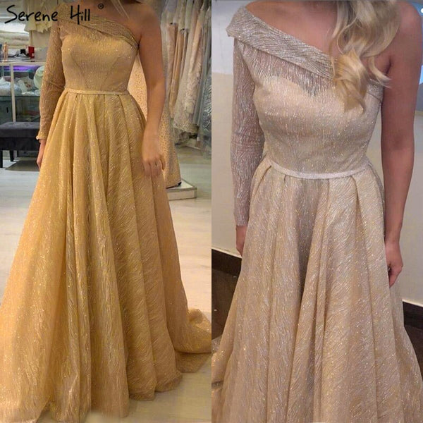 On Sale no return no refundSale Gold One Shoulder Sexy Dubai Evening Dresses 2025 Long Sleeves Luxury Sparkle A-Line Formal Dress Serene Hill LA70329