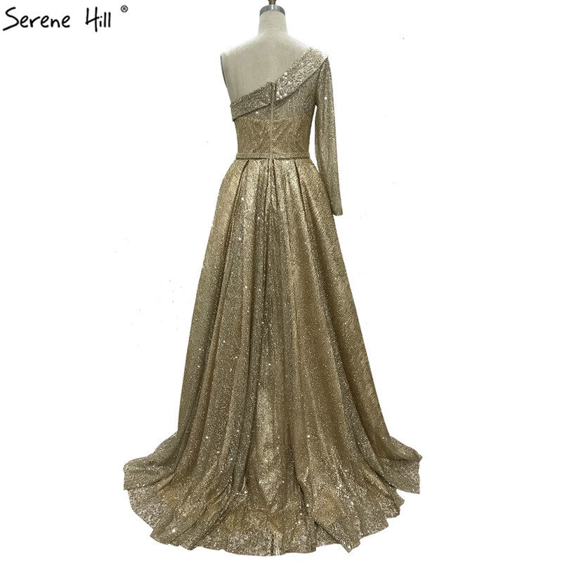 On Sale no return no refundSale Gold One Shoulder Sexy Dubai Evening Dresses 2025 Long Sleeves Luxury Sparkle A-Line Formal Dress Serene Hill LA70329 - SERENE HILL
