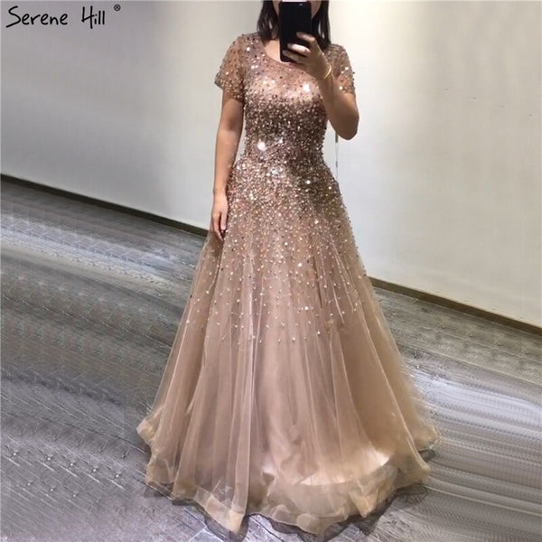 Gold Short Sleeves Beading Luxury Evening Dresses Gowns 2025 A-Line Lace Up For Women Party Design Serene Hill LA70464