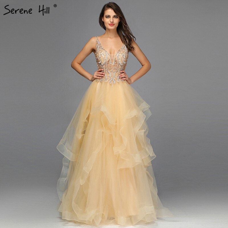 On Sale No Return No Refund Sale Gold V-Neck Beading Diamond Evening Dressese A-Line Sleeveless Sexy Evening Gowns Design 2025 Serene Hill LA70149 - SERENE HILL