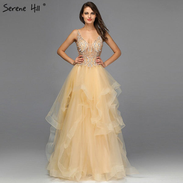 On Sale No Return No Refund Sale Gold V-Neck Beading Diamond Evening Dressese A-Line Sleeveless Sexy Evening Gowns Design 2025 Serene Hill LA70149
